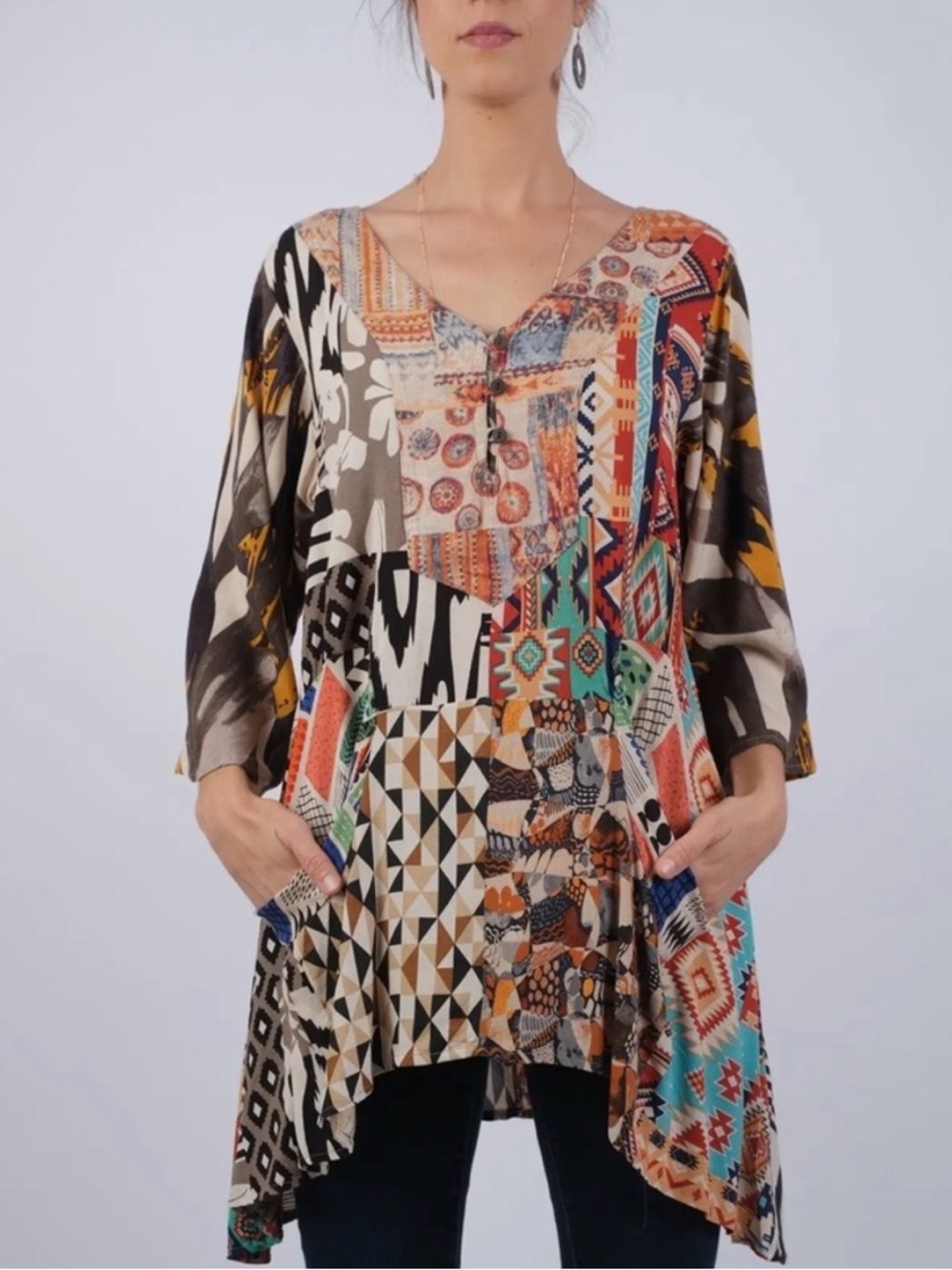 NWT Sacred Threads Multi-Pattern V-Neck  Tunic in Teal, Terracotta & Cream